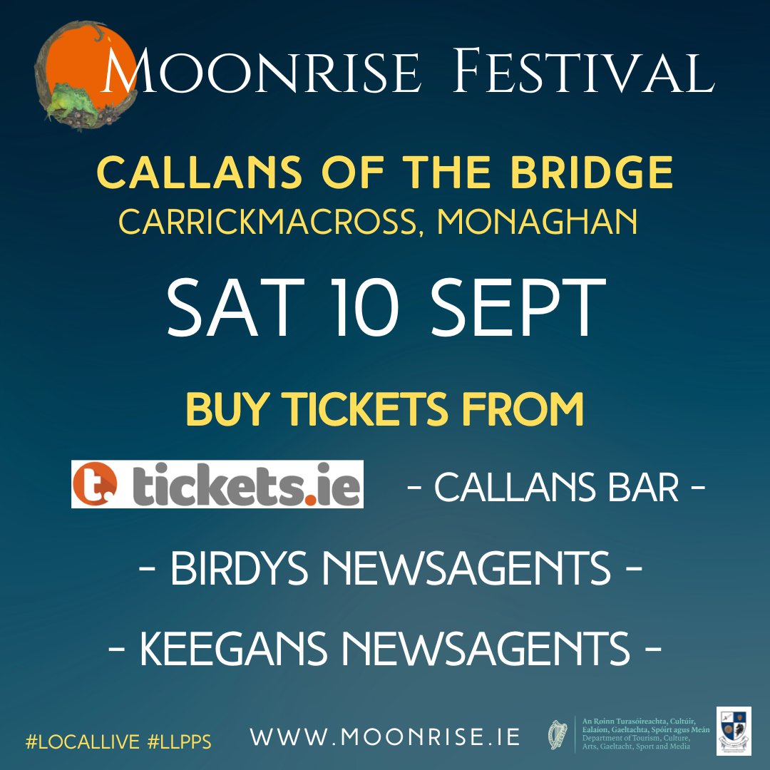 Due to popular demand tickets for @MoonriseIE now on sale across Carrickmacross at Callans, Keegans Newsagents, Birdys Newsagents Link to online tickets bit.ly/3pksNS6 ☝️ 🌛 💃🏻 #LLPPS #livemusic #LocalLive #carrickmacross @DeptCulturelRL @artsinmonaghan @MonaghanCoCo
