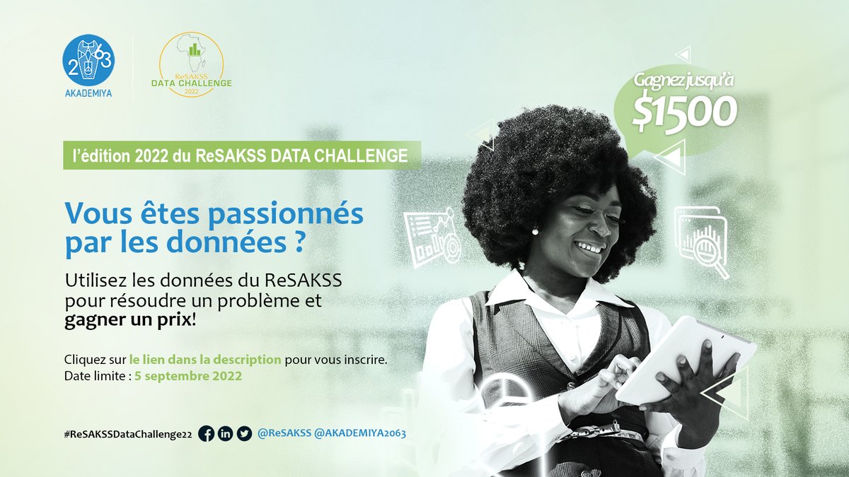 ReSAKSS's tweet photo. Le programme @ReSAKSS , facilité par @AKADEMIYA2063 , lance l’édition 2022 du #ReSAKSSDataChallenge.
Postulez vite et tentez de gagner jusqu’à $ 1500 et bien plus!
En savoir + 👉https://t.co/ETw4i1qUP7 https://t.co/fR7ZUfzZ2h
