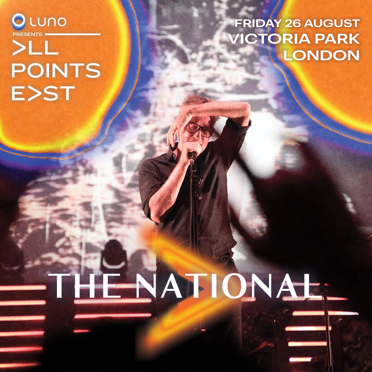 TheNational's tweet photo. We're finally back in London this evening for our headlining set at @allpointseastuk. Tonight's incredible lineup includes Fleet Foxes, @mogwaiband, @therealkurtvile, @perfumegenius, @lucydacus and more. Catch us on the East Stage at 9:25 P.M. https://t.co/sYkFhmrG9o