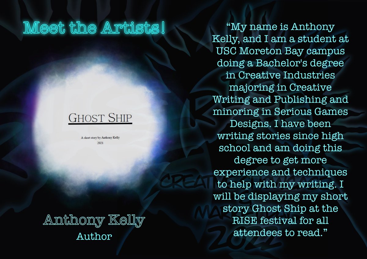 RiseShowcase's tweet photo. Here's another sneak peak of the amazing talent we will be showcasing at RISE 2022 ✒📖 Come along to the Moreton Bay campus on the 21st of September to check out Anthony Kelly's short story 'Ghost Ship'. 

#UniSC #Moretonbay #RISE https://t.co/RnD8ms9qWW