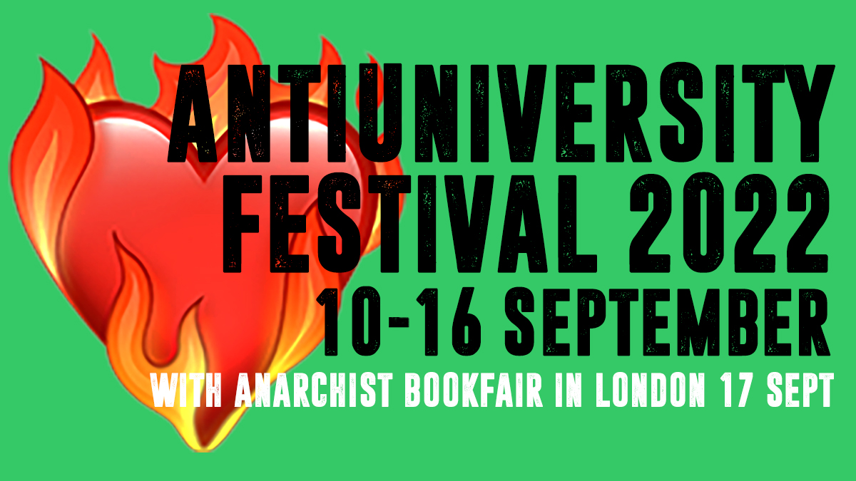 ANTIUNIVERSITY NOW (@antiuniversity) on Twitter photo Antiuni 2022 opens in 15 days!
Check out festival.antiuniversity.org for 50+ FREE workshops, talks, experiments and walks on 10-16 Sept, followed by <a href="/BookfairLDN/">Anarchist Bookfair in London</a> on 17 Sept.
To do list:
1. get your mates ✅
2. open your calendars ✅
3. book events ✅
See you at the Antiuni! Antiuni 2022 opens in 15 days!
Check out festival.antiuniversity.org for 50+ FREE workshops, talks, experiments and walks on 10-16 Sept, followed by <a href="/BookfairLDN/">Anarchist Bookfair in London</a> on 17 Sept.
To do list:
1. get your mates ✅
2. open your calendars ✅
3. book events ✅
See you at the Antiuni!