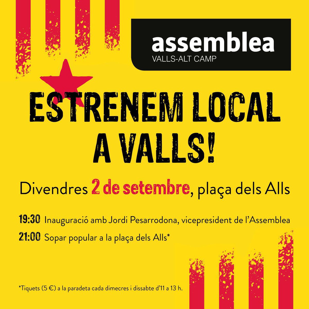 Estrenem local de l’Assemblea a Valls! Vine a inaugurar-lo el dia 2 amb el <a href="/Pesacapsada/">Jordi Pesarrodona</a>, i apunta’t al sopar popular. Comencem el curs amb força!

[també podràs veure l’exposició dels 10 anys de l’<a href="/assemblea/">Assemblea Nacional Catalana</a>]