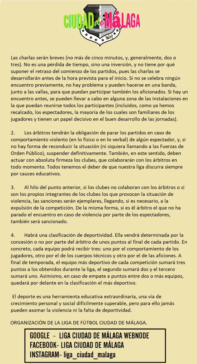 Os presento el proyecto deportivo - educativo de la Liga de Fútbol Ciudad de Málaga. Es una liga de fútbol 7 para chicos y chicas desde la categoría bebé hasta cadete. Con medidas muy interesantes para fomentar respeto y deportividad en terreno de juego y gradas (ver fotos). 1/2.