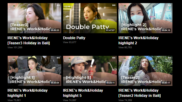 #IRENE takeover at SIG TV's most popular videos list 💗

Before #IRENE's Work & Holiday, the most watched video in the platform was at 60K views. 

6 episodes of #IRENE's show has surpassed 1M views each 👏

#IRENEWorkAndHoliday_Finale
#아이린의_단독예능은_처음이라 
@RVsmtown