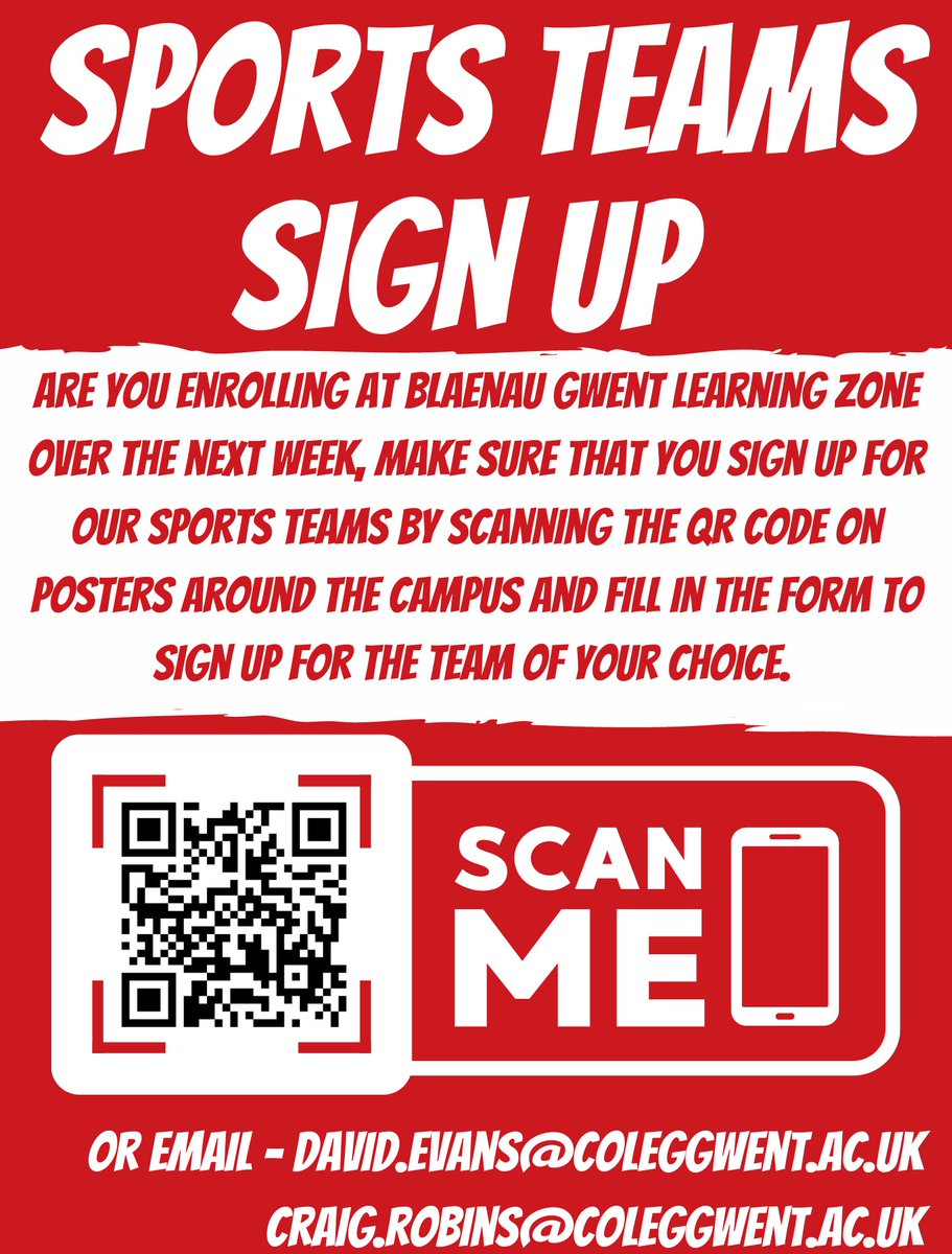 Are you enrolling <a href="/coleggwent/">Coleg Gwent</a> on the Blaenau Gwent Learning Zone campus in Ebbw Vale over the next week make sure that you sign up for our sports teams, using the form linked below 👇 

forms.office.com/r/mUGtEd0eG3

<a href="/EFLC_PE/">Ebbw Fawr PE</a> <a href="/PE_BFS/">PE_BFS</a> <a href="/Tredegar_PE/">TCS PE Department</a> @3Abertillery <a href="/evrfc/">Ebbw Vale Rugby</a> <a href="/RTBEbbwValeFC/">RTB Ebbw Vale Football Club</a>