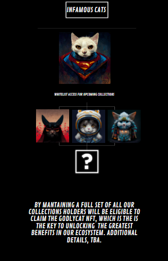 InfamousCatsNFT's tweet photo. Holding one of 333 genesis infamous cats gives you access to airdrops and whitelists from the collections we are working on. The more cats you have, the more whitelists and airdrops you are eligible for. Reveal for the genesis cats is in 5 hours!
https://t.co/HySr8953Yw https://t.co/nwPH19vcJH