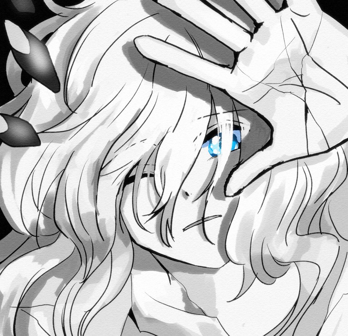 1girl solo blue eyes monochrome long hair abyssal ship looking at viewer  illustration images