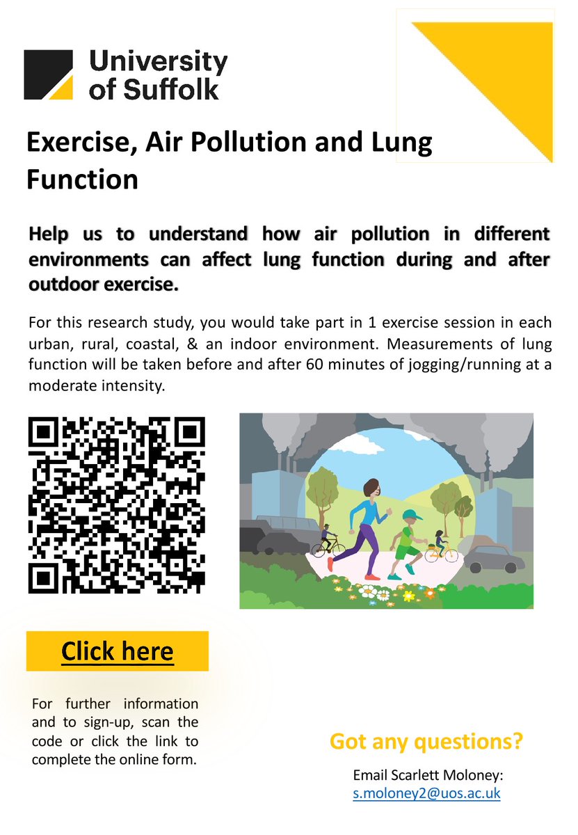 ❗️PARTICIPANTS NEEDED❗️ I am a PhD student @UniofSuffolk looking at the impact of exercise & pollution on lung function in asthmatic and non-asthmatic exercisers🏃🏼‍♀️🫁 If you are local to Ipswich, please click the link to find out more about participating bit.ly/3pJQnb9