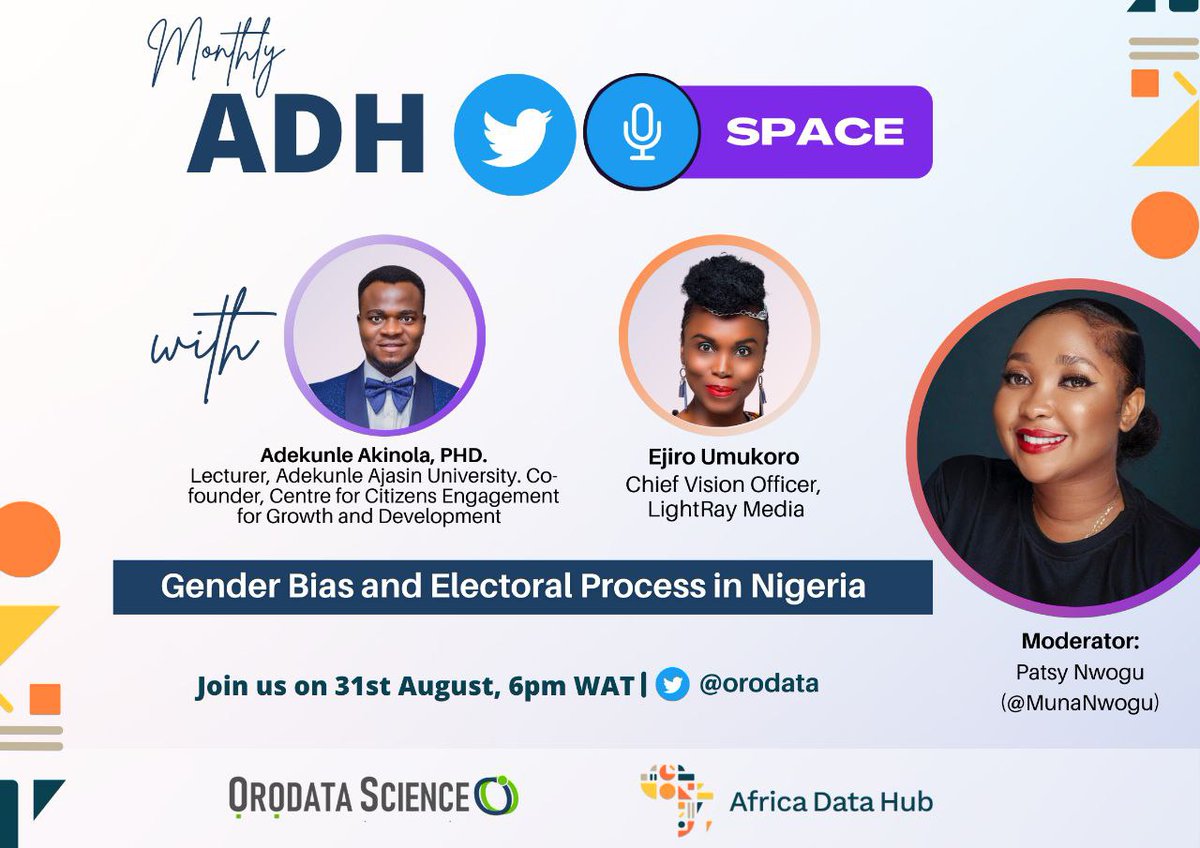 20tendaily's tweet photo. Join @Africa_DataHub  and @Orodata in our monthly Twitter space on the 31st of August 2022 as we discuss "Gender bias and the Electoral Process" in Nigeria with @kunlehoo and @LadyEumukoro .
#ASUU #Waspapping #Atiku https://t.co/Un4hOZ9Eyx
