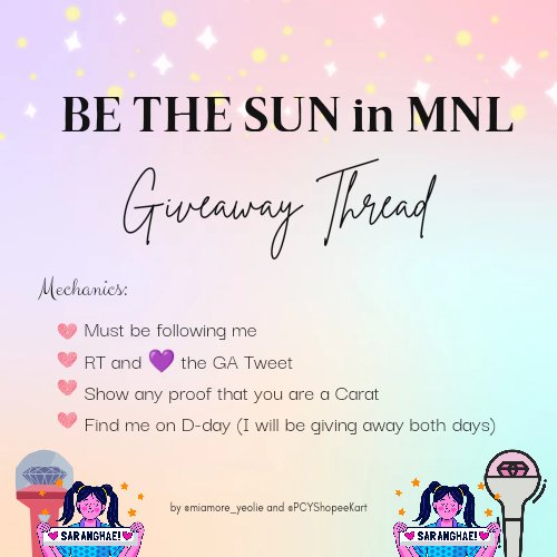 loey_hanihaee's tweet photo. Wassuppp🎊 I will be giveaway freebies and merch on #BeTheSunInMNL ✨ both days🫶

Can't wait to see you all Carats💜

Follow me to be updated

~ GA THREAD ~

#BeTheSunInManila 
#SEVENTEENinManila https://t.co/UaFxYixbS5