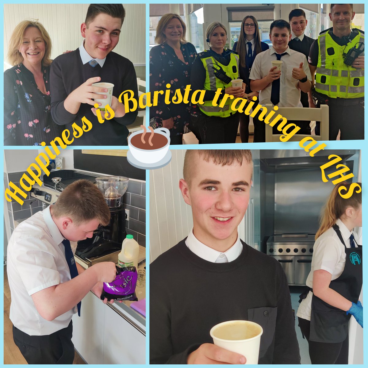 MrsGreenFCT's tweet photo. Could not have been prouder of these @LarbertHigh senior pupils. First day of #Barista training, and already serving up fantastic coffee to our local @FalkirkPolice whilst demonstrating excellent customer service #skills.  
Thank you so much @tapside and @KLSBGroup 🙌 https://t.co/1yJjpoij2g