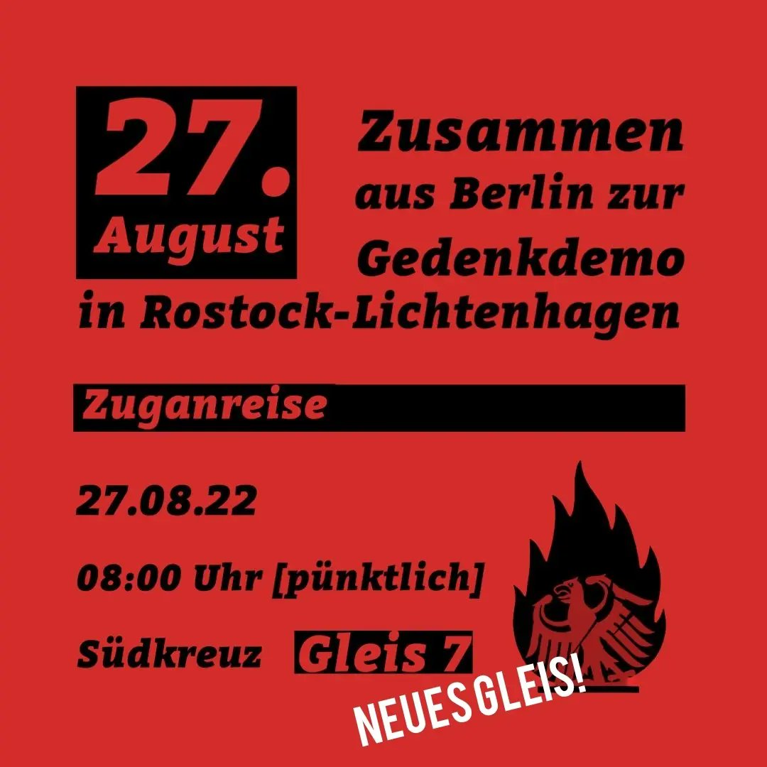 BrandstifterBRD's tweet photo. Samstag fahren wir zusammen nach #Rostock-#Lichtenhagen!

Kein vergeben. Kein vergessen.
Heute die Pogrome von morgen verhindern!

Teilt den Beitrag.

Neues Zuggleis für die Anreise!
+ Packliste für die Demo https://t.co/VBCmJh9Ijf