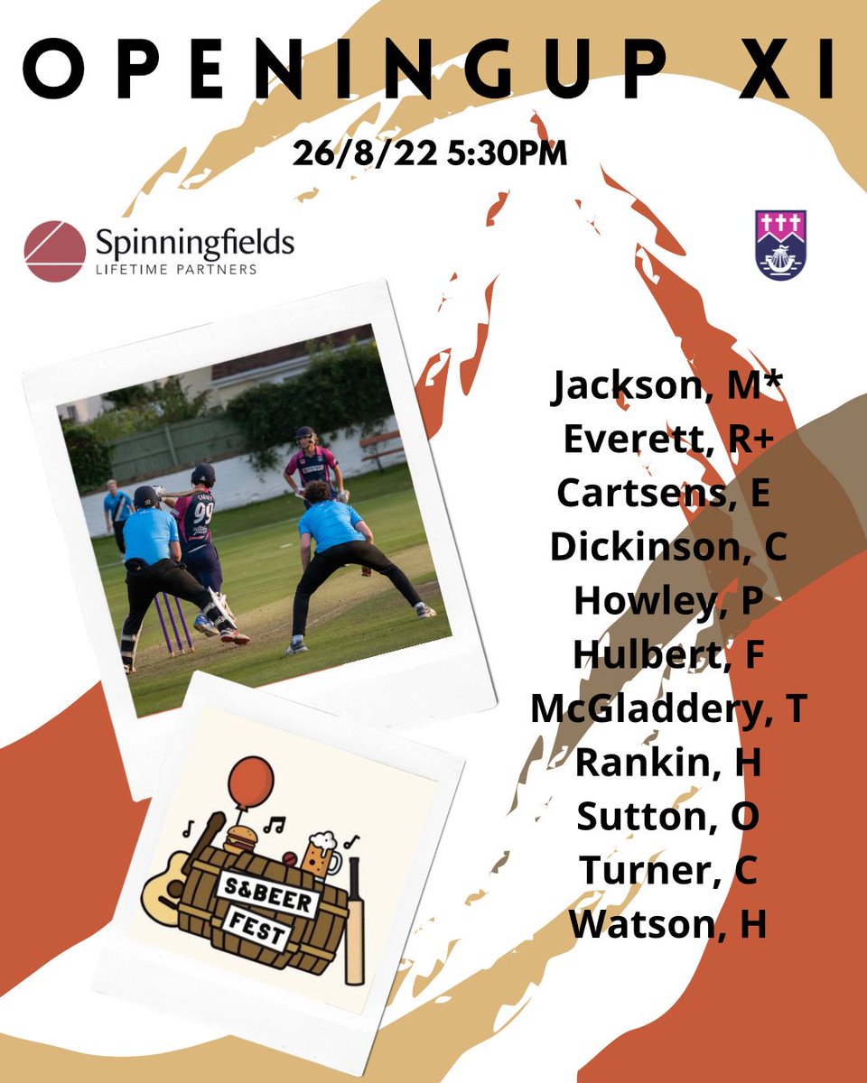 SNBCC's tweet photo. Tonight's team news for the 2nd #snbeerfest. A huge thanks to all the players who've taken the time to come and play for the @OpeningUpCC. The sun's out, the beers are chilled so come on down! Doors open at 5pm. 🍻🍻🥂🥂🏏🏏☀️☀️ 💙💜 https://t.co/rG2U4zvMf5