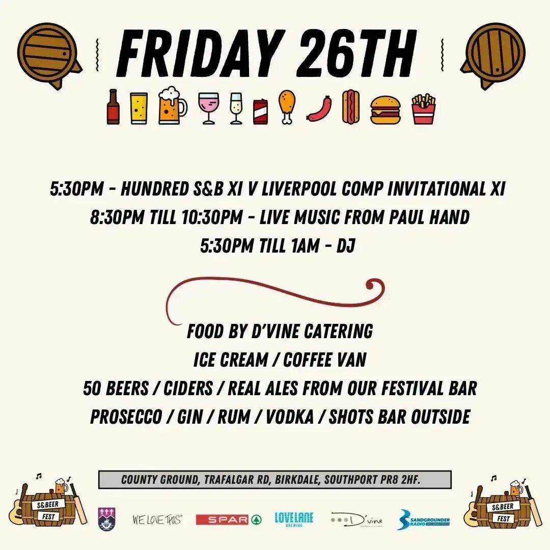 SNBCC's tweet photo. Tonight's team news for the 2nd #snbeerfest. A huge thanks to all the players who've taken the time to come and play for the @OpeningUpCC. The sun's out, the beers are chilled so come on down! Doors open at 5pm. 🍻🍻🥂🥂🏏🏏☀️☀️ 💙💜 https://t.co/rG2U4zvMf5