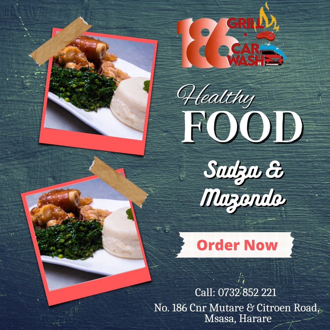 186grill's tweet photo. It's a Friday!! What are you up to? Pop-in today and enjoy our delicious mazondo and sadza.
#food #meal #friday https://t.co/PNW75b7dOU