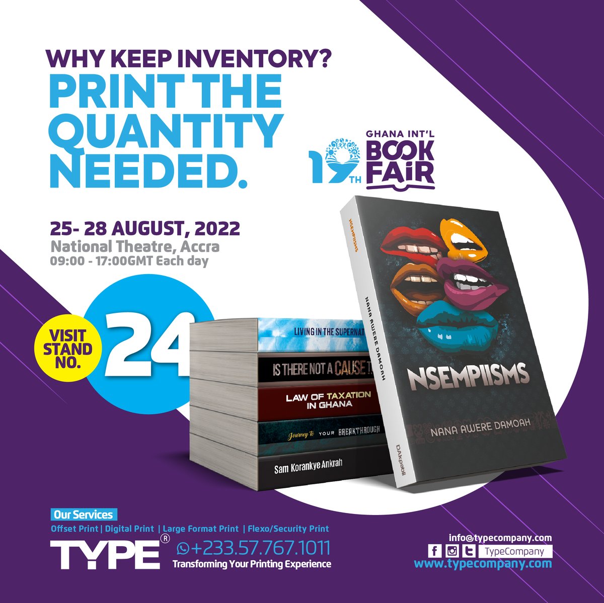 TypeCompany's tweet image. No need to worry about stocking a lot of books when you can print just the quantity you need.
Visit Stand no. 24 from now till Sunday at the Ghana International Book fair &amp;amp; take advantage of our Print-on-Demand services. 
#TypeCompany #PrintOnDemand #ghanainternationalbookfair