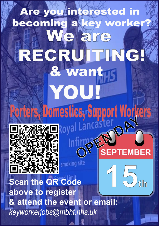 A range of key worker roles on offer at #recruitment event <a href="/EF_UHMBT/">E&F-UHMBT</a> <a href="/cateringUHMBT/">cateringUHMBT</a> <a href="/WGHCatering/">WGH Catering</a> <a href="/LornaPritt/">Lorna Pritt</a> @BCTCareers #CSW #domestic #cateringassistant #porter

Read more at the <a href="/UHMBT/">MorecambeBayNHSTrust</a> website here and find out how you can register to attend the event bit.ly/3RbnakV