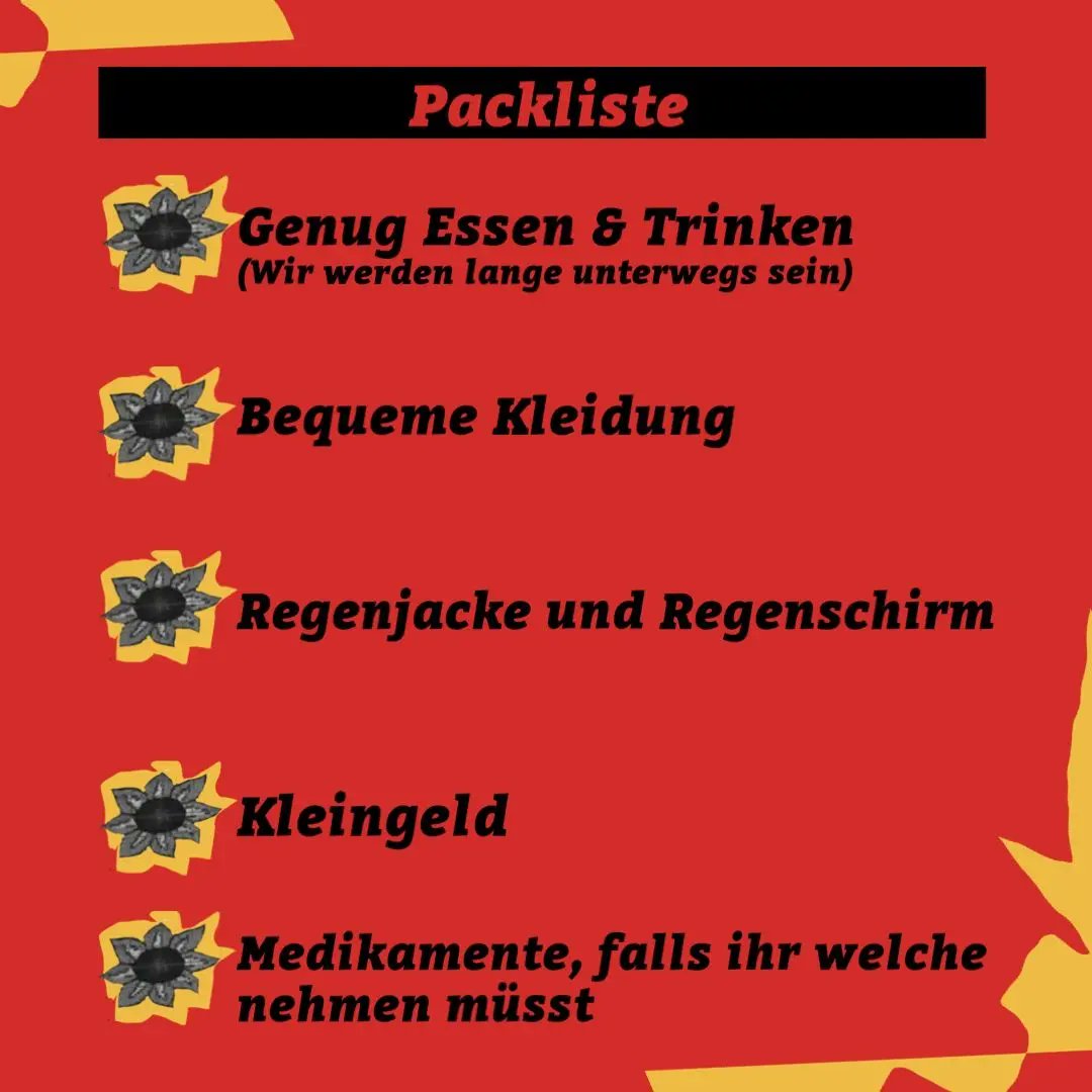 BrandstifterBRD's tweet photo. Packliste für die Anreise und die Demo in #Rostock-#Lichtenhagen.

Leitet sie gern an eure organisierten und umorganisierten Freund*innen weiter.

Es wird ein langer Tag. Wir haben gehört es wird regnen. https://t.co/aeHY2PLKsr