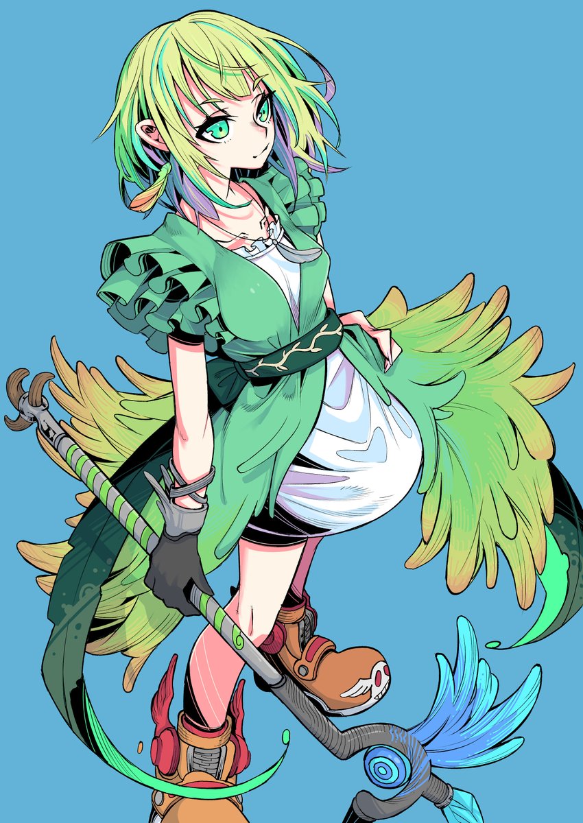 1girl solo green hair staff gloves green eyes jewelry  illustration images