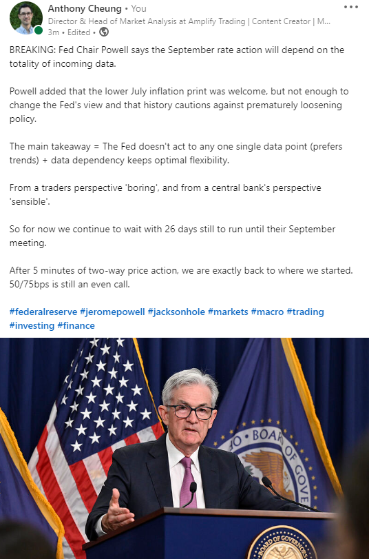 AWMCheung's tweet photo. Fed Chair Powell says the September rate action will depend on the totality of incoming data

After 5 minutes of two-way price action, we are exactly back to where we started. 50/75bps is still an even call

https://t.co/dpJnz54y0S https://t.co/bWxQY9GJvH