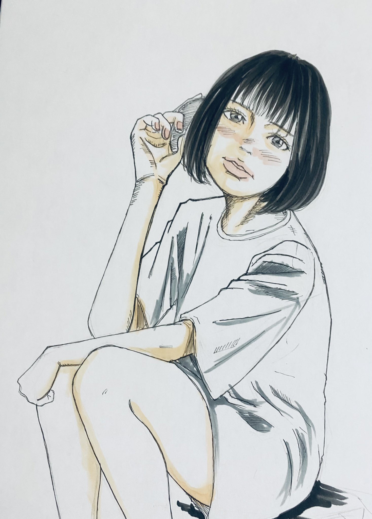 No.33 女性 鉛筆画 手書きイラストB4 手描きイラスト 鉛筆画 モノクロ B5 No 19｜Yahoo!フリマ（旧
