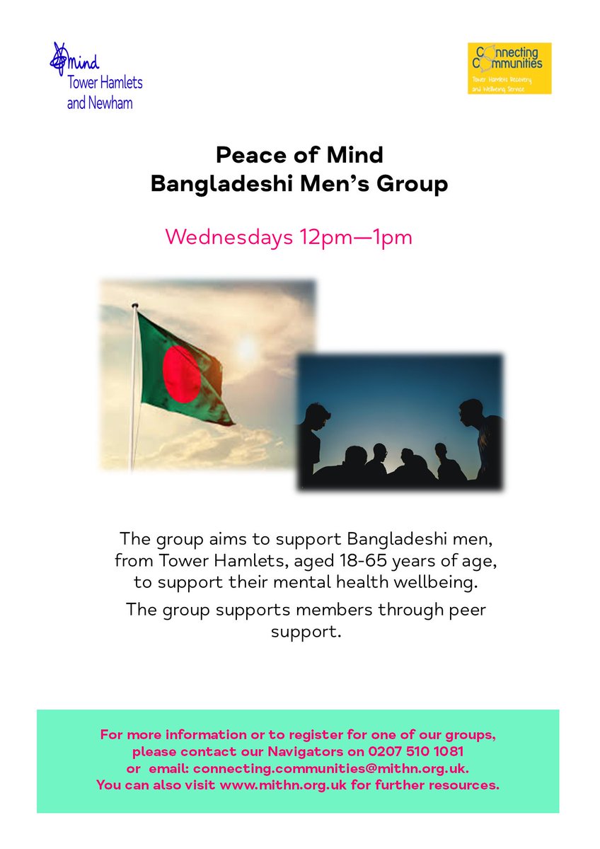 We are so excited Peace of Mind Bangladeshi Men's Group are back up and running.
Contact: connecting.communities@mithn.or.uk 
@WorkingWellT <a href="/NHS_ELFT/">East London NHS Foundation Trust (ELFT)</a> <a href="/CollegeTh/">Tower Hamlets Recovery College</a> <a href="/Hestia1970/">Hestia</a> <a href="/THGPCareGroup/">Tower Hamlets GP Care Group</a> <a href="/Bromley_by_Bow/">BromleybyBow Centre</a> <a href="/StHildasEast/">St Hilda's East</a> <a href="/PositiveEast/">Positive East</a> 
#Mentalhealth #towerhamlets #Bangladeshi