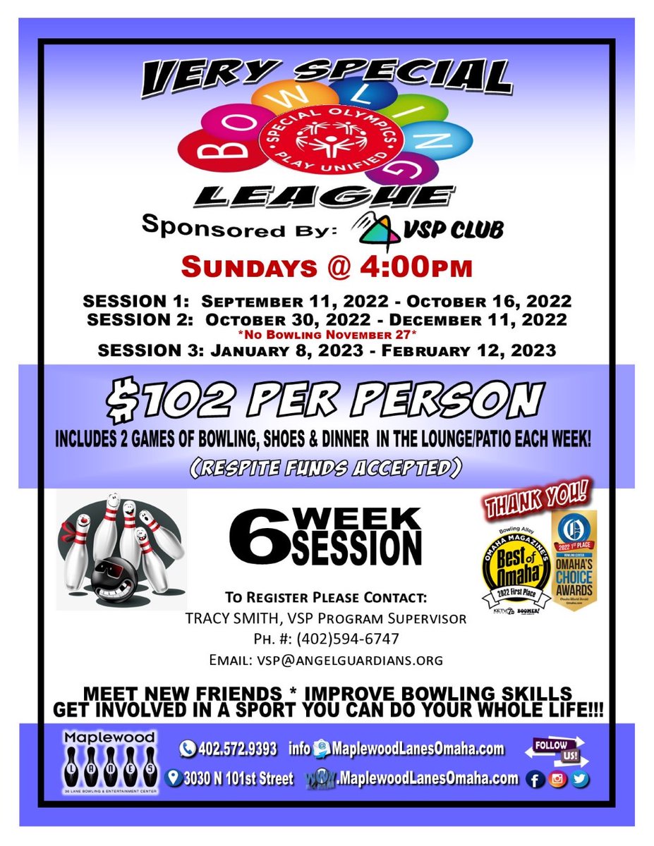 Happy Friday folks!

In just over two weeks, we'll be starting new sessions of the Very Special Bowling League — once again at Maplewood Lanes. If interested, contact VSP Program Supervisor Tracey Smith by calling (402)594-6747 or by emailing vsp@angelguardians.org.