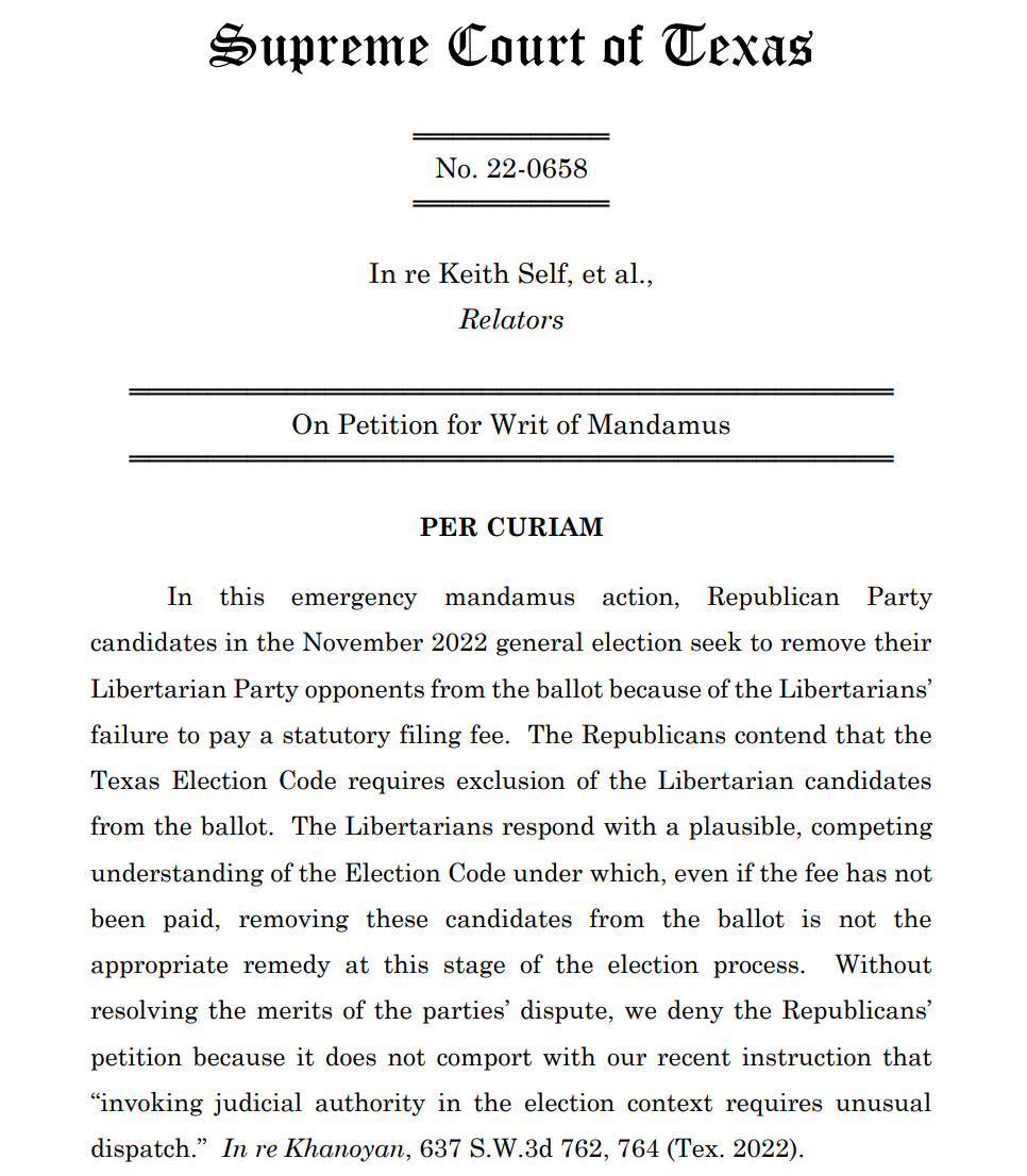 RMFifthCircuit's tweet photo. SCOTX refuses to remove libertarians from the ballot as the request of republican candidates. https://t.co/Kkv9sCxbJJ