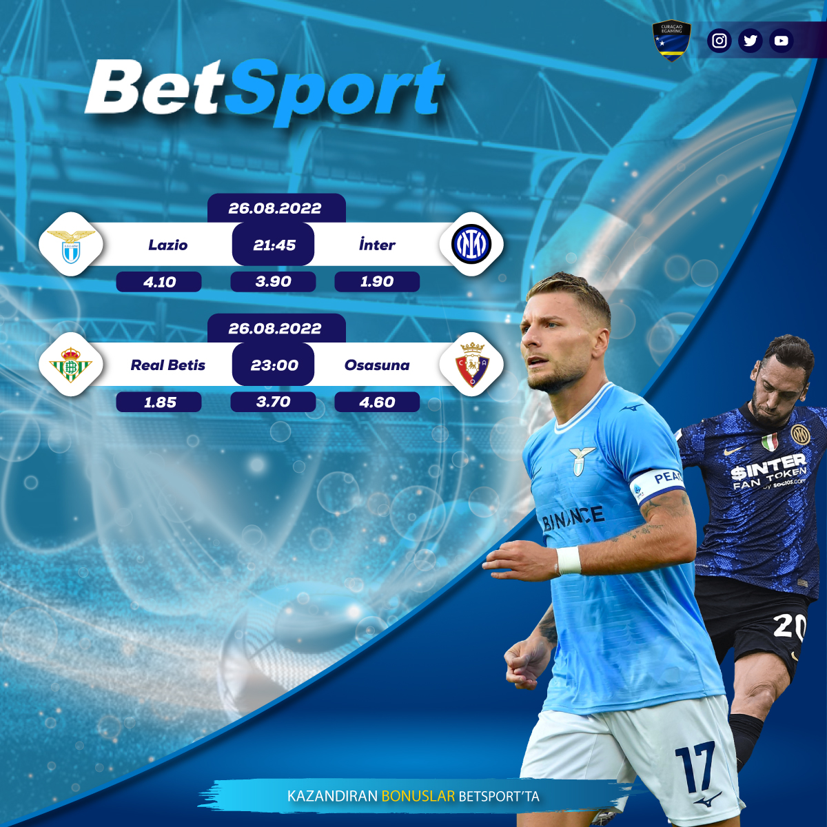 betsporttr's tweet photo. 🚨Betsport İle Kazanma Zamanı

🗓️26 Ağustos Günün Popüler Karşılaşması

🏟️Lazio -İnter 🏟️
🏟️Real Betis - Osasuna🏟️

Kazanmanın En Kolay ve Keyifli Olduğu Tek Adres 

#betsports

💻 Üye Ol 🔗 https://t.co/fcx84JJANK https://t.co/DjxPCu9xD9