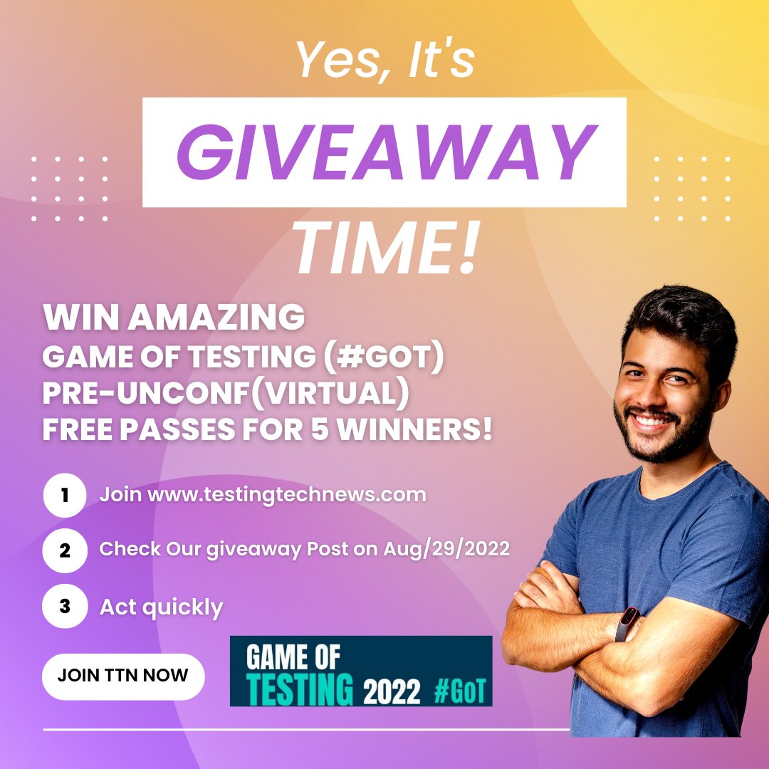 testingtechnews's tweet photo. Yes, It's Giveaway Time! Game of testing (#GOT) Pre-Unconf(Virtual) FREE passes for 5 WINNERS on Monday. Exclusively on TTN social network. Stay tuned.
@GameOfTesting
#testingtechnews https://t.co/SxdEvZXLbm