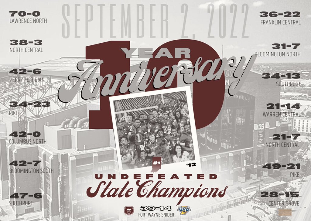 LCHSAthletics (@lchsathletics) on Twitter photo 10 years ago, history was made in Lawrence Township.
Join us on 9-2-22 as we celebrate *the ONLY* State Football Championship team from Lawrence Township - the 2012 LC Football State Championship Team!
Be there🐻
<a href="/ltgoodnews/">LT Schools</a> <a href="/LawrenceSupt/">Dr. Shawn A. Smith</a> <a href="/BigBearsLCFTBL/">Lawrence Central HS Football</a> <a href="/LCHSBears/">Lawrence Central</a> <a href="/LCHSBAC/">LCBAC</a> 10 years ago, history was made in Lawrence Township.
Join us on 9-2-22 as we celebrate *the ONLY* State Football Championship team from Lawrence Township - the 2012 LC Football State Championship Team!
Be there🐻
<a href="/ltgoodnews/">LT Schools</a> <a href="/LawrenceSupt/">Dr. Shawn A. Smith</a> <a href="/BigBearsLCFTBL/">Lawrence Central HS Football</a> <a href="/LCHSBears/">Lawrence Central</a> <a href="/LCHSBAC/">LCBAC</a>