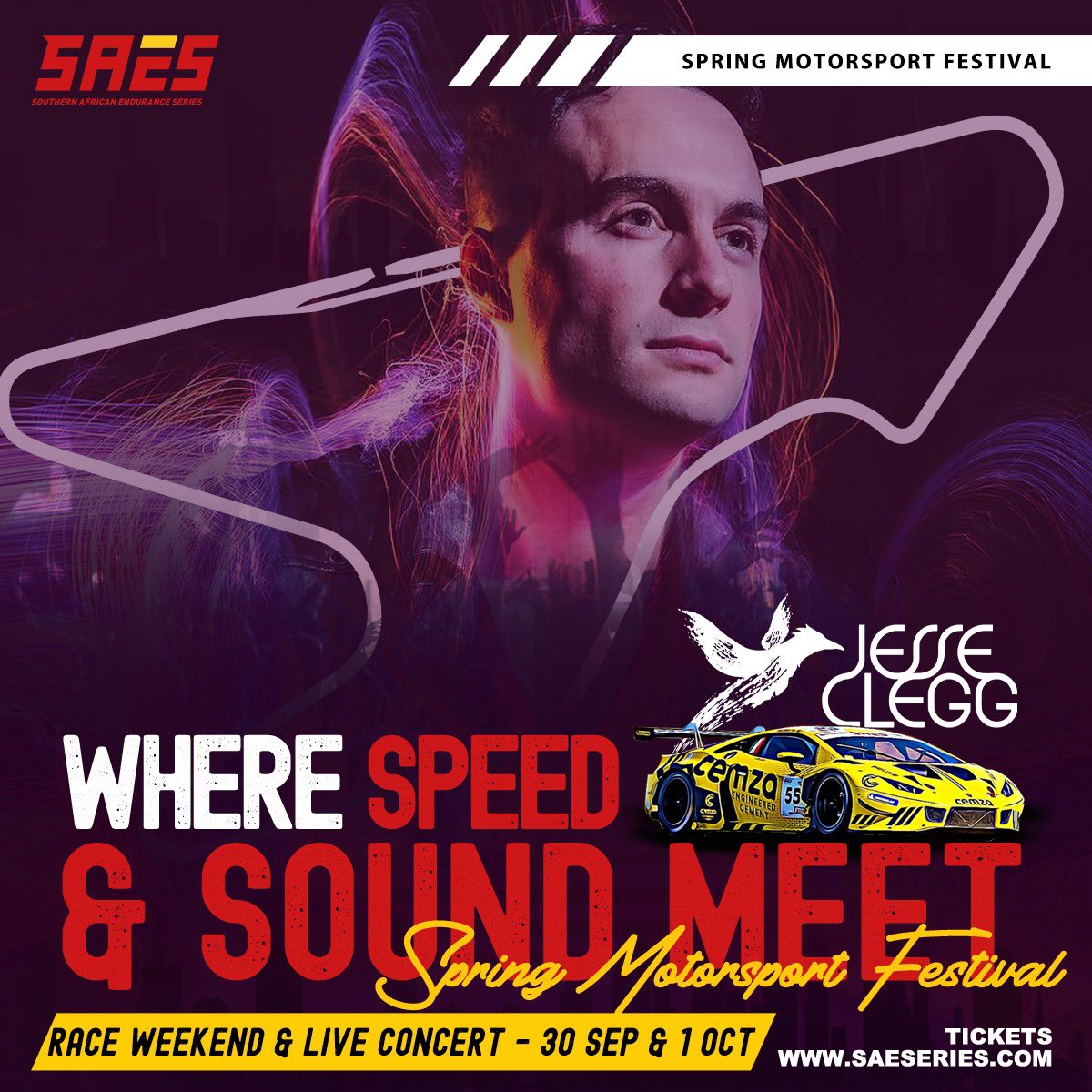 SaesRacing's tweet photo. 📣🤩 The next big act taking to the stage at the #SpringMotorSportFestival is @Jesse_Clegg. He will be performing live on the 1st of October for the next round of the Southern African Endurance Series in Gqeberha. 

Get your EARLY BIRD tickets now: https://t.co/7MHmZa5pW6 https://t.co/6PlIGjBOE6