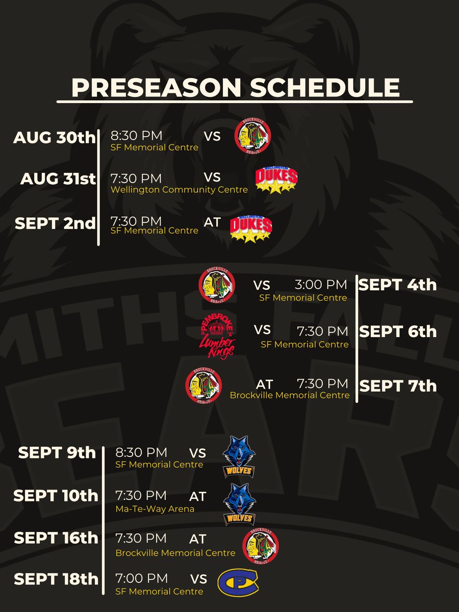 🚨The hockey season is officially here! 🚨

 Come on out to the Memorial Centre and see the Bears in preseason action!

#dontpokethebear 
<a href="/thecchl/">The CCHL</a>