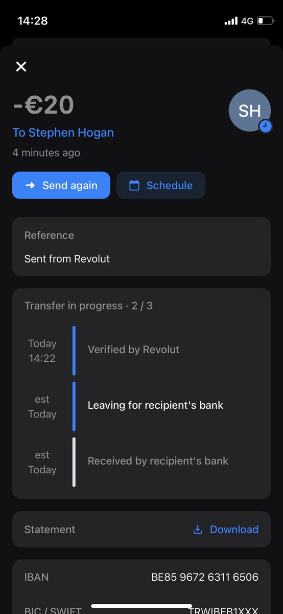 stephenhogan81's tweet photo. @RevolutApp 

Hi I'm having some trouble with some funds I've sent to my online bank from my Revolut it says the funds are still leaving from Revolut to my bank but this usually happens instantly https://t.co/D3pVLuYtqo