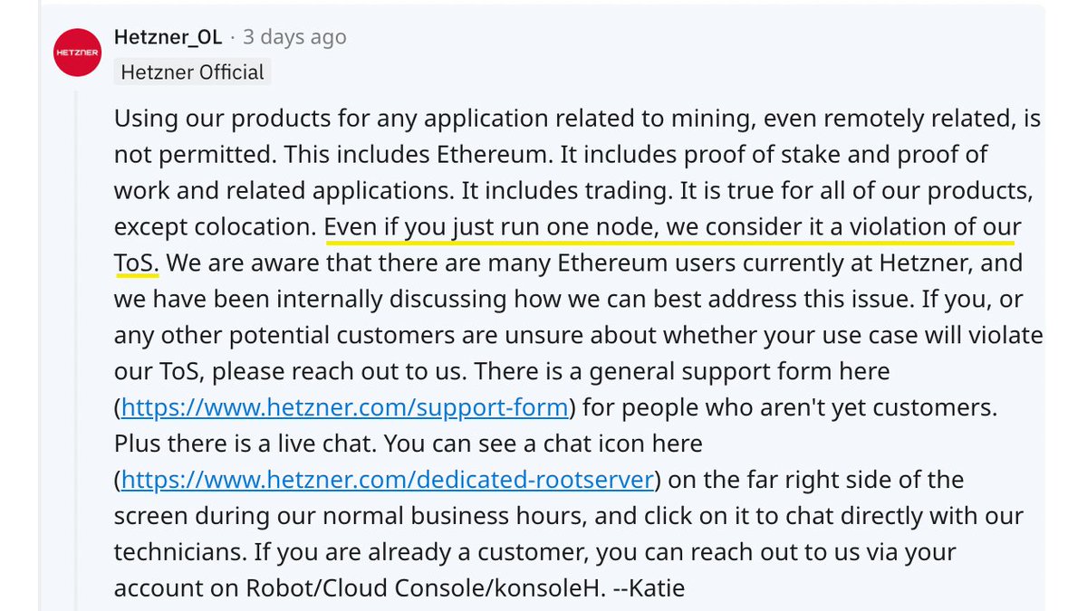 spencernoon's tweet photo. Cloud storage provider @Hetzner_Online inexplicably announces a ban on all Ethereum infrastructure and abruptly affecting 16% of all ETH nodes on Reddit of all places. We must find decentralized alternatives if legacy providers are going to deplatform web3. Who is building this? https://t.co/7nJOFnZtD7