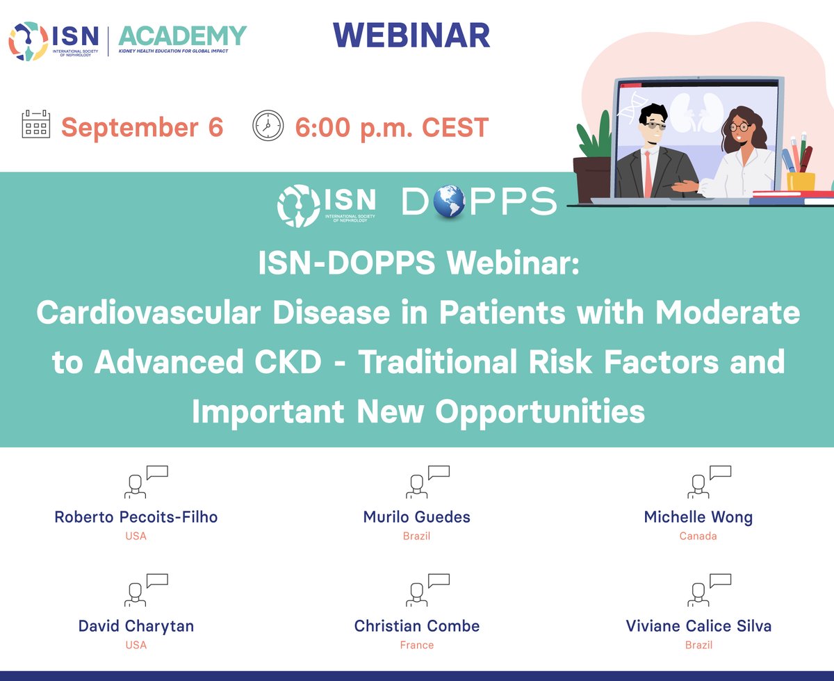ISNkidneycare's tweet photo. 𝗦𝗔𝗩𝗘 𝗧𝗛𝗘 𝗗𝗔𝗧𝗘 for the next ISN-@DOPPStudy webinar: "CVD in patients with moderate to advanced CKD – Traditional Risk Factors and Important New Opportunities."

🗓️ September 6
🕐 6 pm CEST
🔗 Register for free here: https://t.co/Q54mf9gYJt https://t.co/W9lA7D2bj6