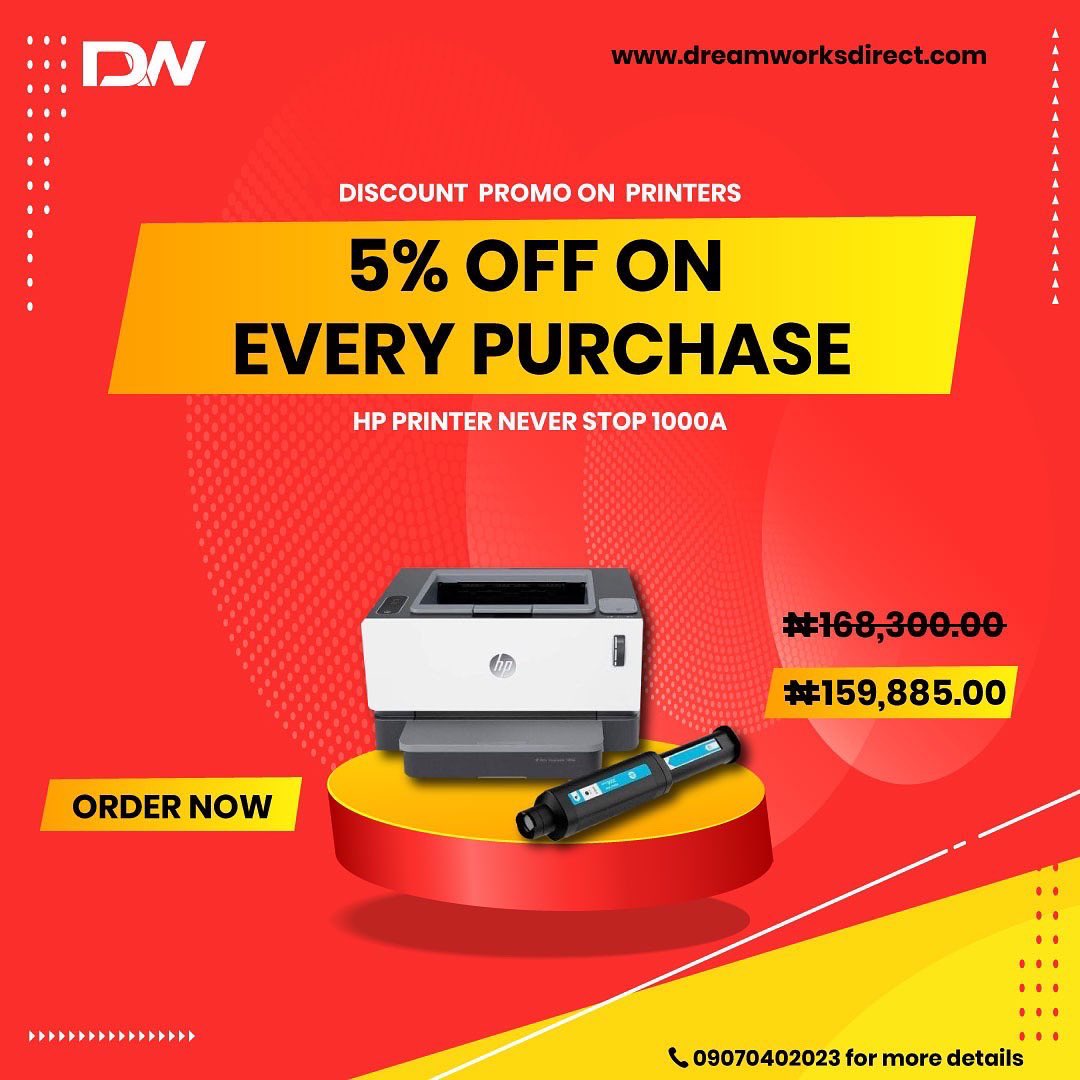 Dreamworksnig's tweet photo. Discount Promo Alert!

Get 5% off on every purchase.

Browse through our range of Printers of brands like HP, Cannon and many more at never before Prices.

 Visit https://t.co/GR0ibyAWsJ or call 09070402023 to order.

#Dreamworksdirect #canon #hpprinters https://t.co/NLSYoltarg