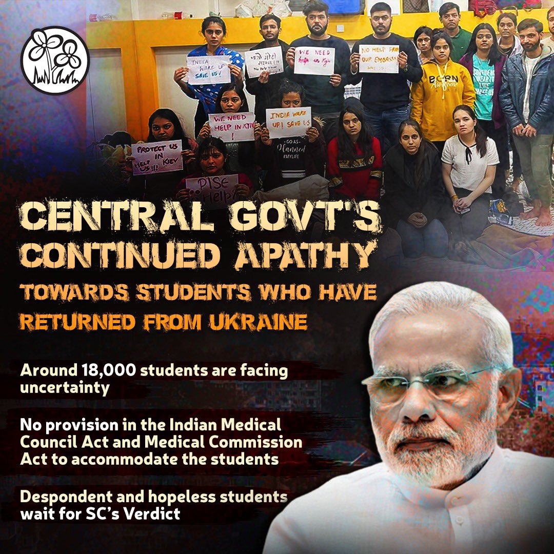 AITCofficial's tweet photo. PM @narendramodi, spare a thought for the students’ future! 

They were forced to return from war-torn Ukraine and their careers continue to remain uncertain.

Sadly, they are denied the right to study in Indian institutions by your apathetic Govt.

Can they expect a solution? https://t.co/x4Hp9fGK9l