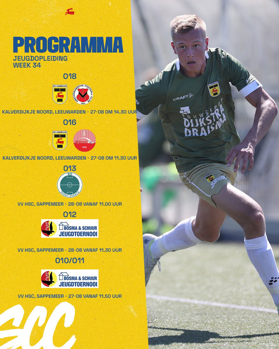 CambuurJeugd's tweet photo. 𝗣𝗿𝗼𝗴𝗿𝗮𝗺𝗺𝗮!

🕔 Vandaag om 16:00 uur begint O21 aan de bekerwedstrijd tegen Excelsior 
🏡 O18 en O16 spelen thuis 
🏆 O10, O11, O12 en O13 spelen dit weekend een toernooi

#CambuurJeugdKomtEraan https://t.co/YpzgIrKbkq