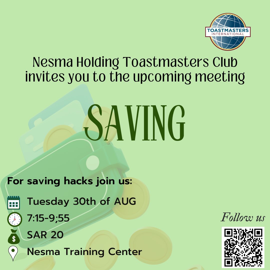 NHTMC invites you to Join our upcoming meeting to learn few saving hacks👇🏻
😎TME:  TM. Shiekh Farooq
📍 Nesma Training Center 
🗓️ Tuesday 30th of August 
🕗 7:15 - 9:55 PM 
💰 SAR 20

Attending link👇🏻
docs.google.com/forms/d/e/1FAI…
#savings  #toastmasters #jeddah
