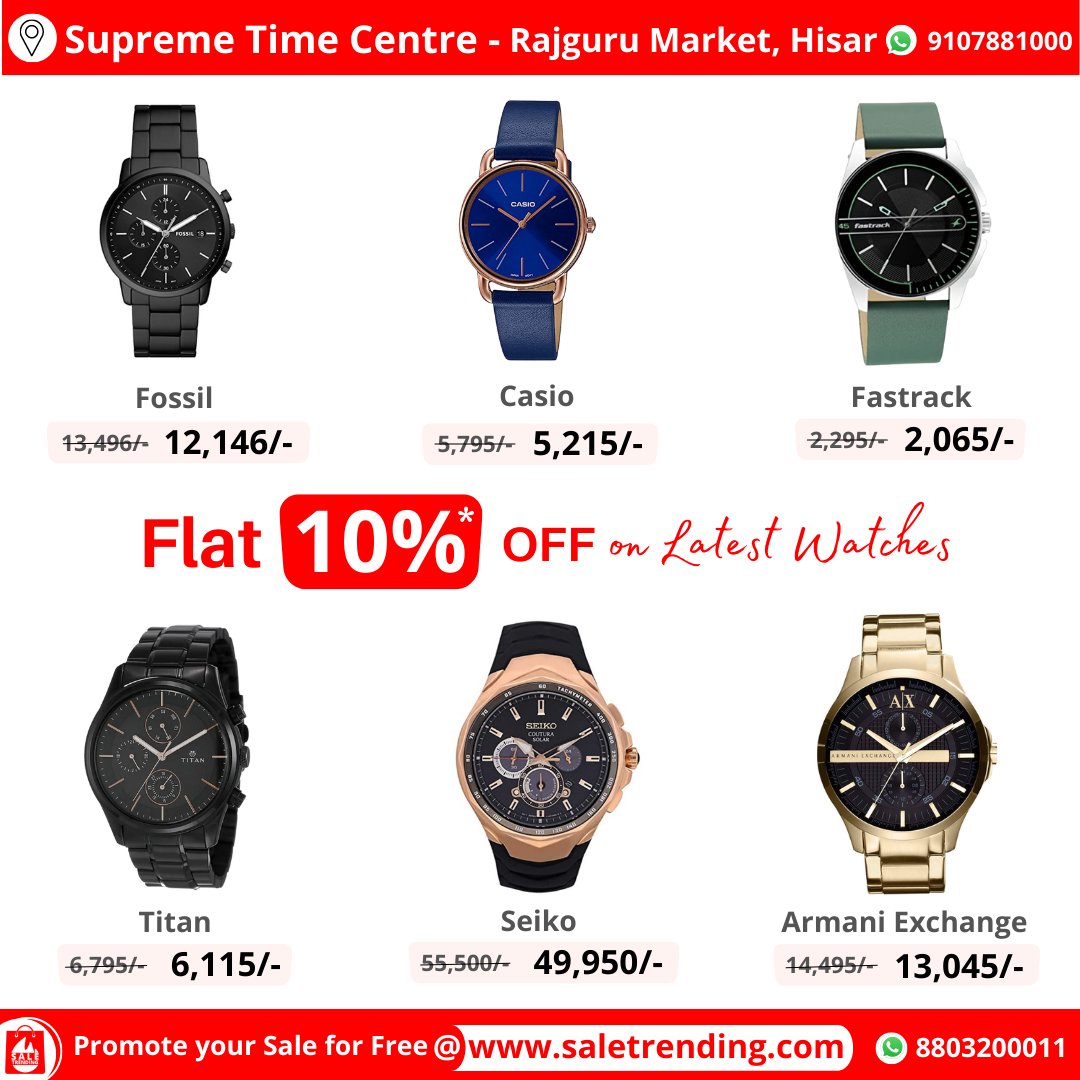 SaleTrending's tweet photo. Flat 10% Off on Latest Collection of Watches at 'Supreme Time Centre', Hisar.
.
Click the store link below👇to check all Items
.
https://t.co/23Dzdmitcy
.
#watch #watches #handwatch #handwatches #stylishwatch #fossilwatch #casiowatch #fastrackwatch #titanwatches #Hisar https://t.co/J9Qa5qOdnY