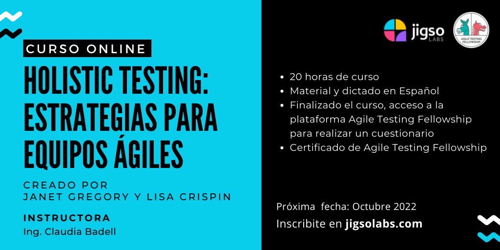 💥 Desde el 2019 somos proveedores oficiales de @AgileTFellow 💥

Dictamos el curso Holistic #Testing: estrategias para equipos ágiles. Este curso práctico es único ya que su contenido fue elaborado por Janet Gregory y Lisa Crispin, referentes de #pruebas ágiles a nivel mundial.