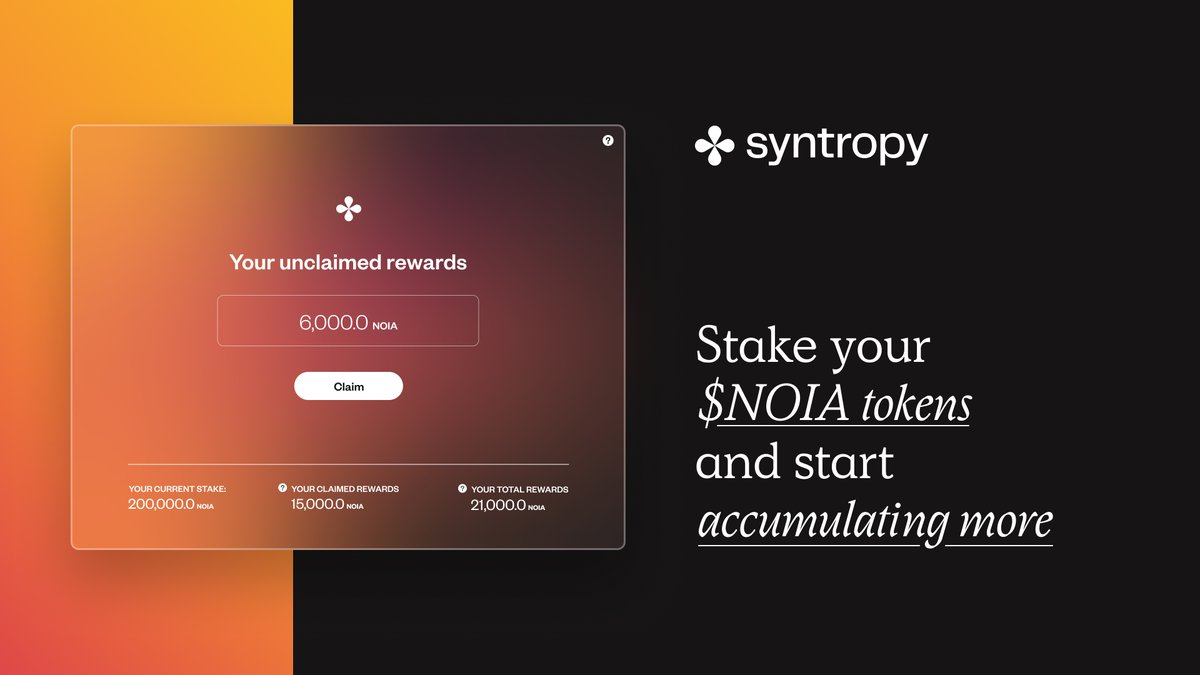 SyntropyRus's tweet photo. 💡 #SyntropyStaking — это удобный способ накопить больше $NOIA токенов.

📈 Заработайте ∼ 25% APY в качестве Валидатора и 15%+ APY в качестве Номинатора.

👀 Зарегистрируйтесь в списке ожидания, чтобы стать Валидатором, или зарабатывайте в качестве Номинатора уже сейчас. https://t.co/0KreTGBmRG