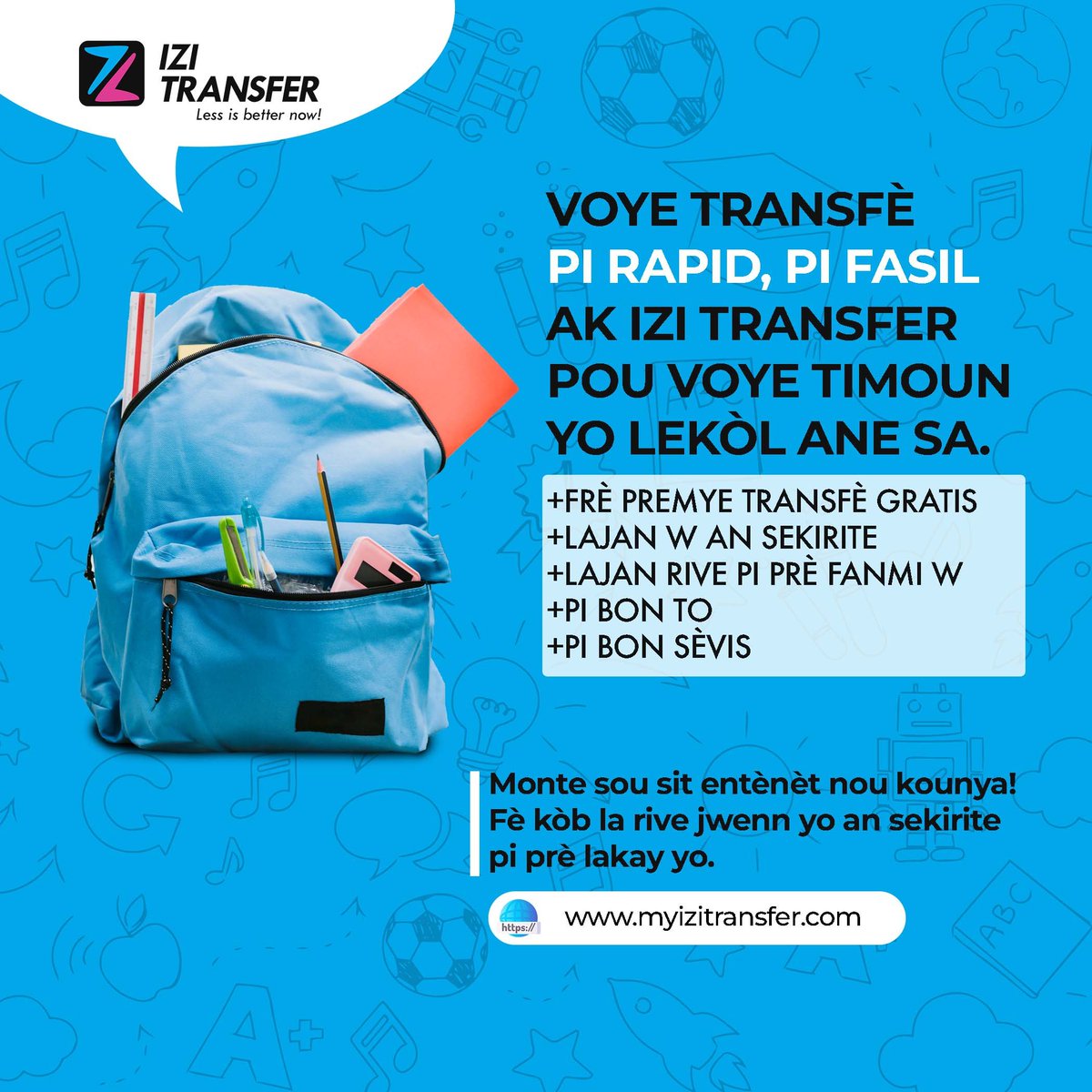 izi_transfer's tweet photo. Anplis bon sèvis ak plis avantaj nou ba w, nou pèmèt ou poze on zak responsab ki se ede plis timoun ale lekòl pou ane sa. Chak transfè w fè sou platfòm anliy nou an se yon timoun ou voye lekòl. Ak Izi Transfer, w ap ka kontinye sipòte sa k pi fèb yo. #voyelajan #antrelekòl #lajwa https://t.co/WbJZKPU31H