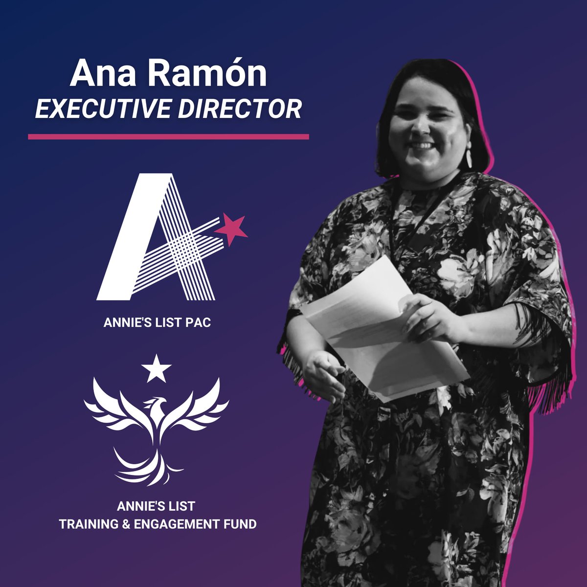 NEW: Annie’s List and @annieslistfund are proud to announce that Ana Ramón will transition from Interim Executive Director to now serve as full-time Executive Director!

🎉🎉 Congratulations, @Ana_Ramon89!

More here: bit.ly/ALannouncement