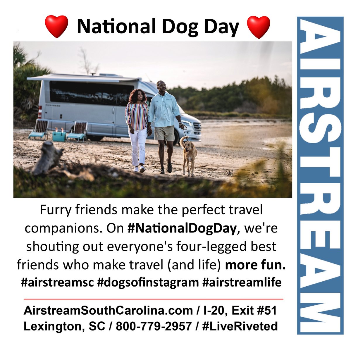 AirstreamSC's tweet photo. National Dog Day!

Furry friends make the perfect travel companions. On #NationalDogDay, we're shouting out everyone's four-legged best friends who make travel (and life) more fun. #airstreamsc https://t.co/hvLDw3EDvE | 800-779-2957 #airstreamsouthcarolina #airstreamforsaleinsc https://t.co/3HfGldtOCA