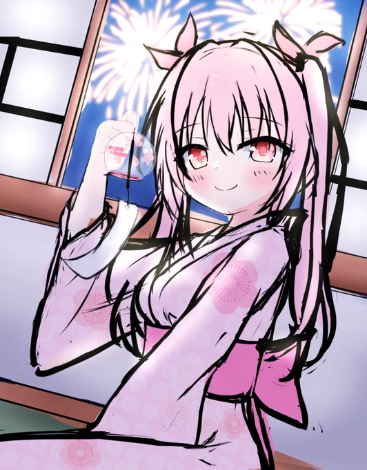 風鈴と花火の音が聞こえそうな浴衣姫熊ちゃん描いてる 