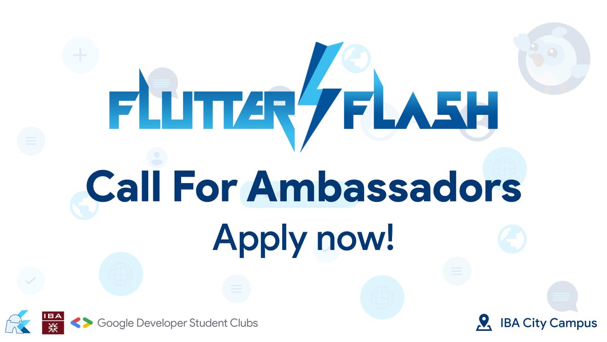 FlutterKarachi's tweet photo. Call for Ambassadors for Flutter Flash⚡️📣
Link: https://t.co/TQlYCPuz5r
Deadline: 6th Sep '2022
Date: 24th September 2022
Venue: City Campus,IBA
Time: 9:00 AM
Want to come as an attendee? Register now!
Attendee Registration Link:
https://t.co/0Lwfh8CMH1
#FlutterFlashKarachi https://t.co/FSiLupqgrx