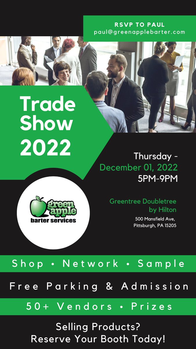 GreenAppleBrter's tweet photo. Mark your calendar for the Green Apple Trade Show, December 1st at the Greentree Doubletree by Hilton!

#greenapple #barterisbetter #tradeforit #pittsburghbusiness #pittsburgh #pittsburghpa  #savecash #increasesales https://t.co/822Jy9K1aL https://t.co/s72vYdopVv