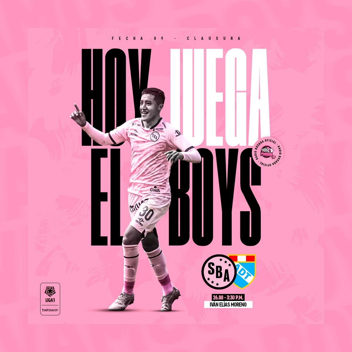 RadioRosada's tweet photo. ¡Rosados, 𝗛𝗼𝘆 𝗷𝘂𝗲𝗴𝗮 𝗲𝗹 𝗕𝗼𝘆𝘀! 😍
El cuadro 'rosado' enfrenta a ADT en el 🏟 Iván Elías Moreno desde las 3:30 p.m. por la #Fecha09 del 𝐂𝐥𝐚𝐮𝐬𝐮𝐫𝐚 ⚽️
𝙃𝙤𝙮 𝙝𝙖𝙮 𝙦𝙪𝙚 𝙜𝙖𝙣𝙖𝙧 𝙢𝙞𝙨𝙞𝙡𝙚𝙧𝙖 🎶
#Vamos𝗕𝗢𝗬𝗦 💗🖤
#BoysEsDeSuGente https://t.co/OER7x2TSFP